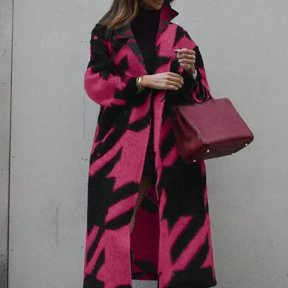 Hot Pink Casual Women's Colorblock Long Sleeve Knitted Cardigan - Picture 1 of 5